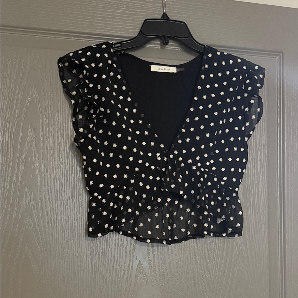 Chic Black Blouse with White Floral Pattern